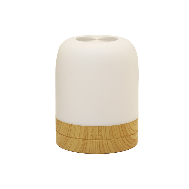 Red Light Therapy Lamp with a rounded white diffuser, wood-grain base and subtle touch-control button
