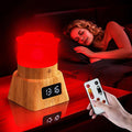 Red Light Therapy Lamp with a wood-grain base, bright red glowing top, digital clock display and remote control