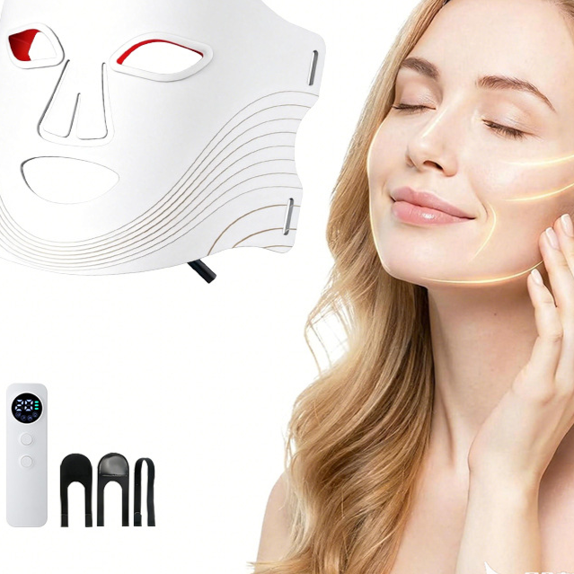 Red Light Therapy Mask with a white contoured face shell, red-trimmed eye openings and fine curved line details