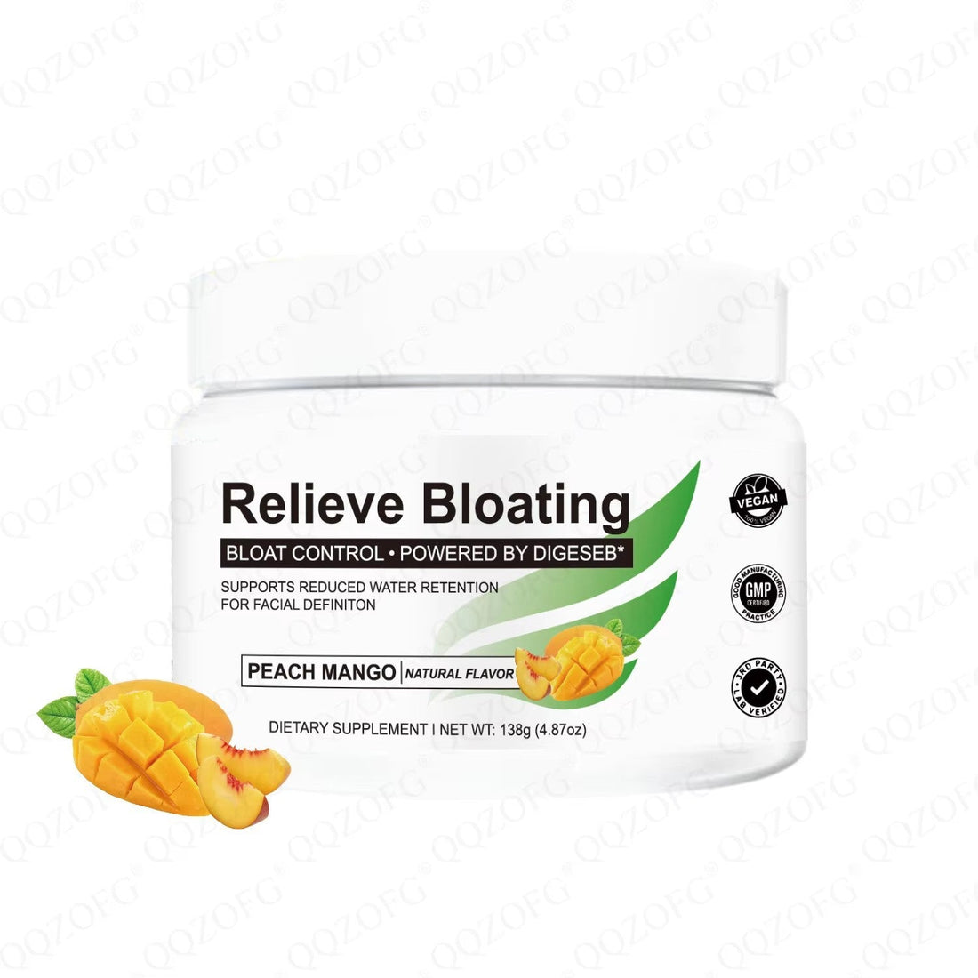 Supplement powder can, white with green accents and peach mango graphics, labeled Relieve Bloating Dandelion and 138 g.