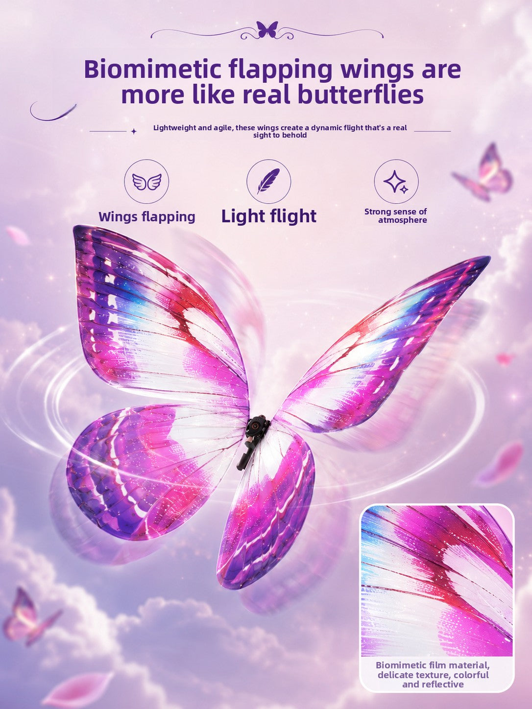 Remote Control Bionic Butterfly toy with translucent pink, purple and blue patterned wings, shown with its black controller.