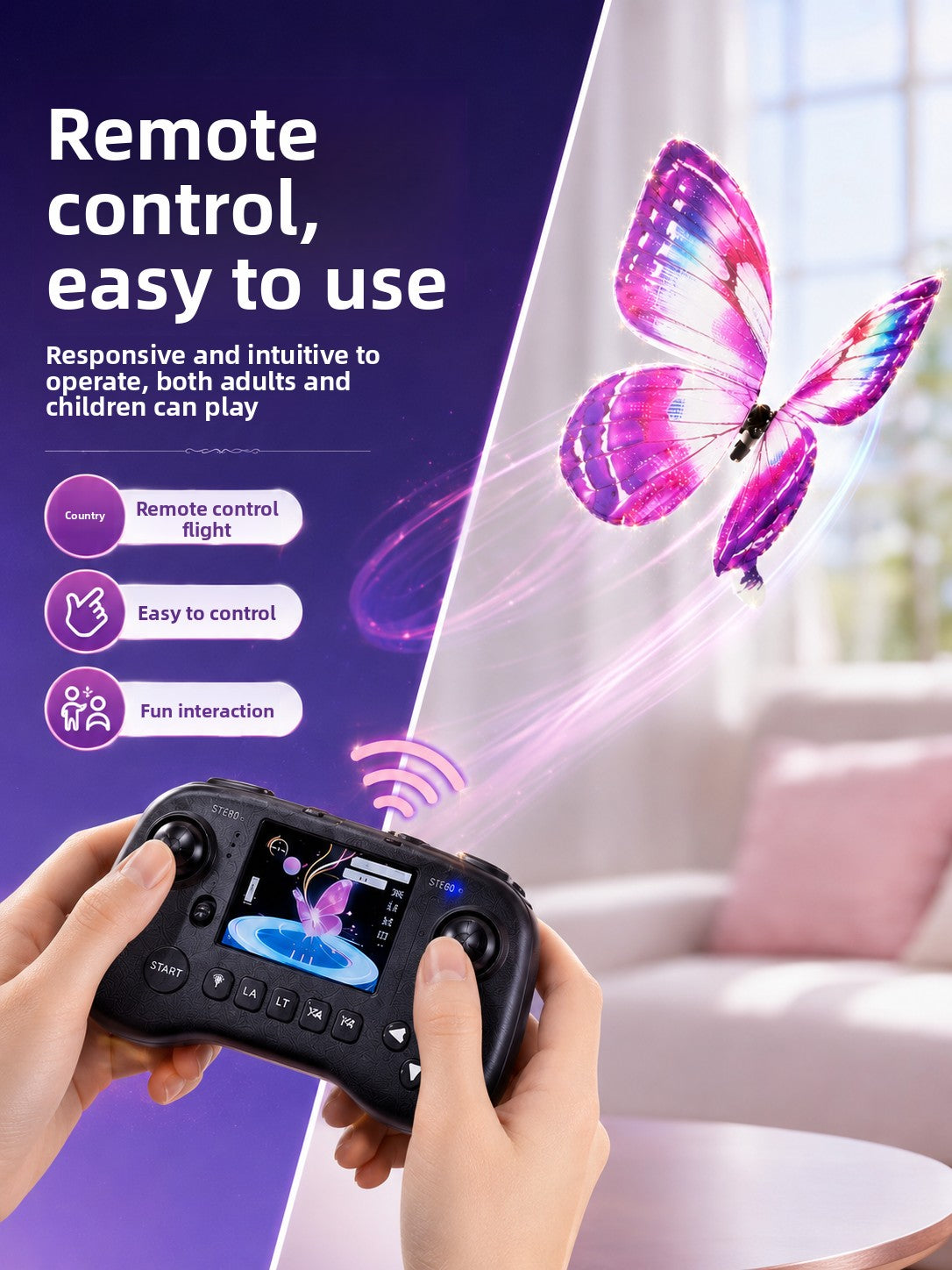 Remote Control Bionic Butterfly toy with translucent pink, purple and blue patterned wings, shown with its black controller.