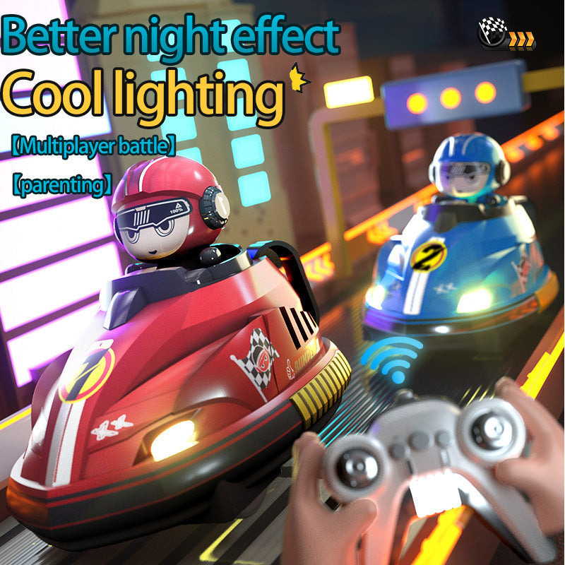 Remote Control Bumper Car Toy in red and blue plastic with racing graphics, driver figures, glowing trim and wheel remotes