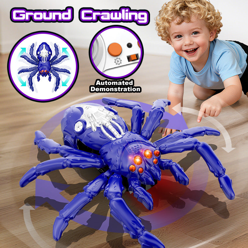 Remote Control Wall Climbing Spider Toy in glossy blue plastic with orange eyes, articulated legs and a white underside
