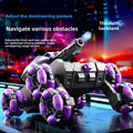 Remote Control Water Bomb Tank Toy in black and silver with purple wheels, a long cannon and articulated off-road arms