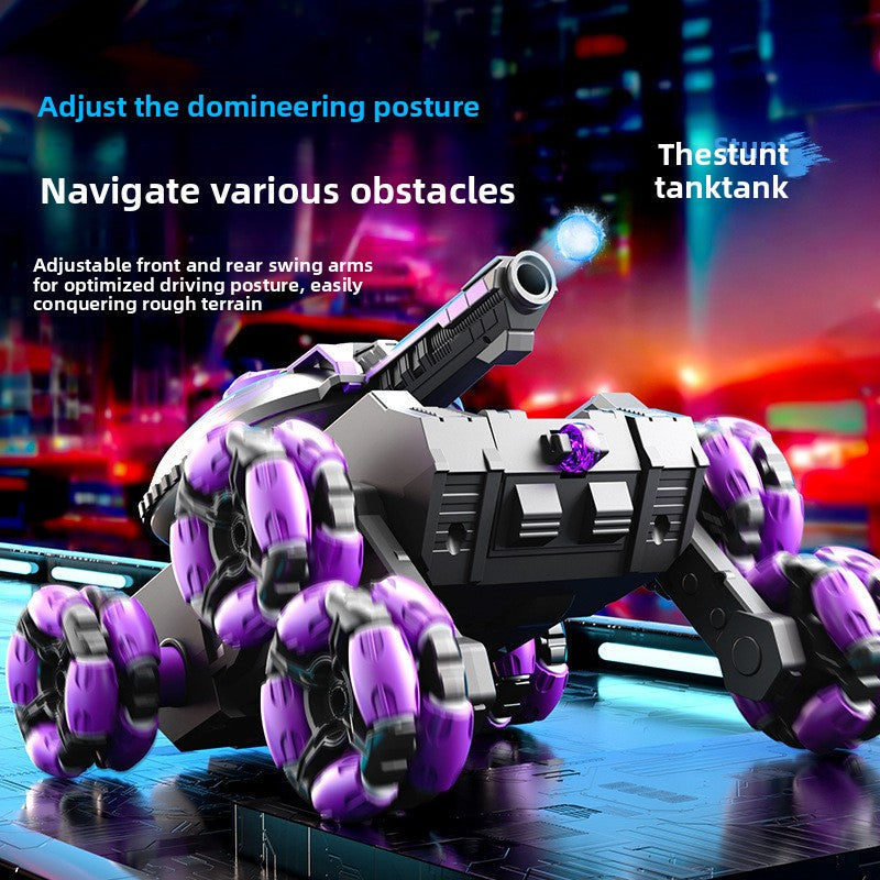 Remote Control Water Bomb Tank Toy in black and silver with purple wheels, a long cannon and articulated off-road arms