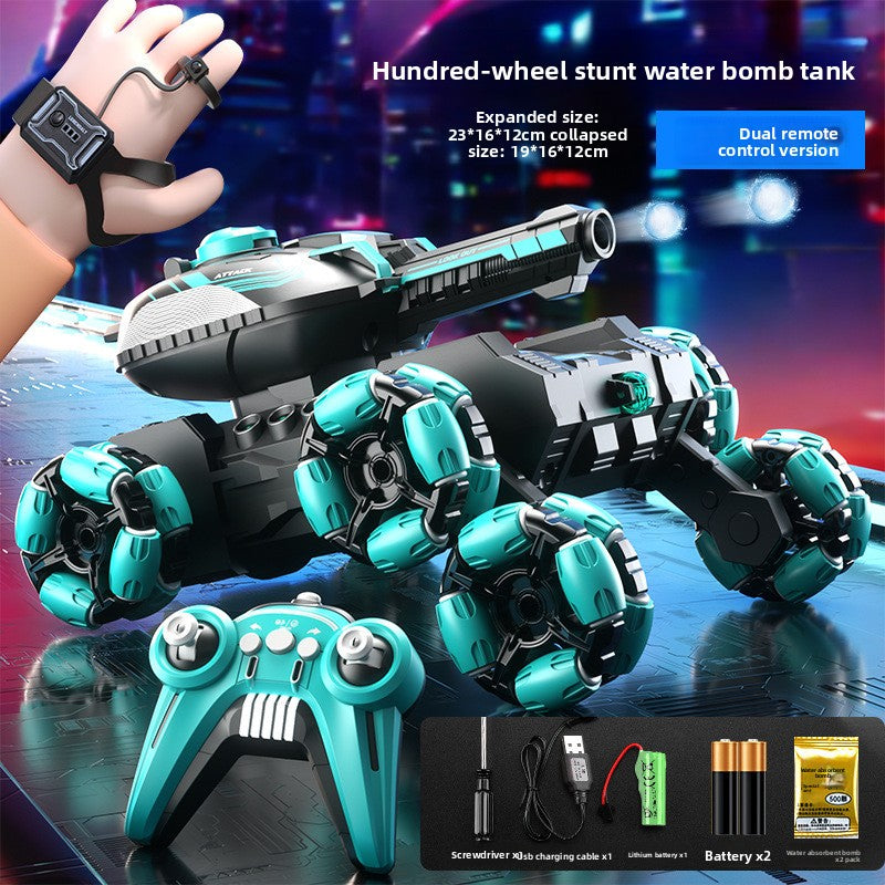 Remote Control Water Bomb Tank Toy with a black and teal body, oversized wheels, water launcher, wrist sensor and controller