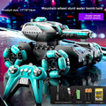 Remote Control Water Bomb Tank Toy in black and turquoise plastic, with a futuristic turret, rugged wheels and matching controller