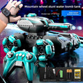 Remote Control Water Bomb Tank Toy in black and turquoise plastic with a futuristic turret, stunt wheels, and matching controller