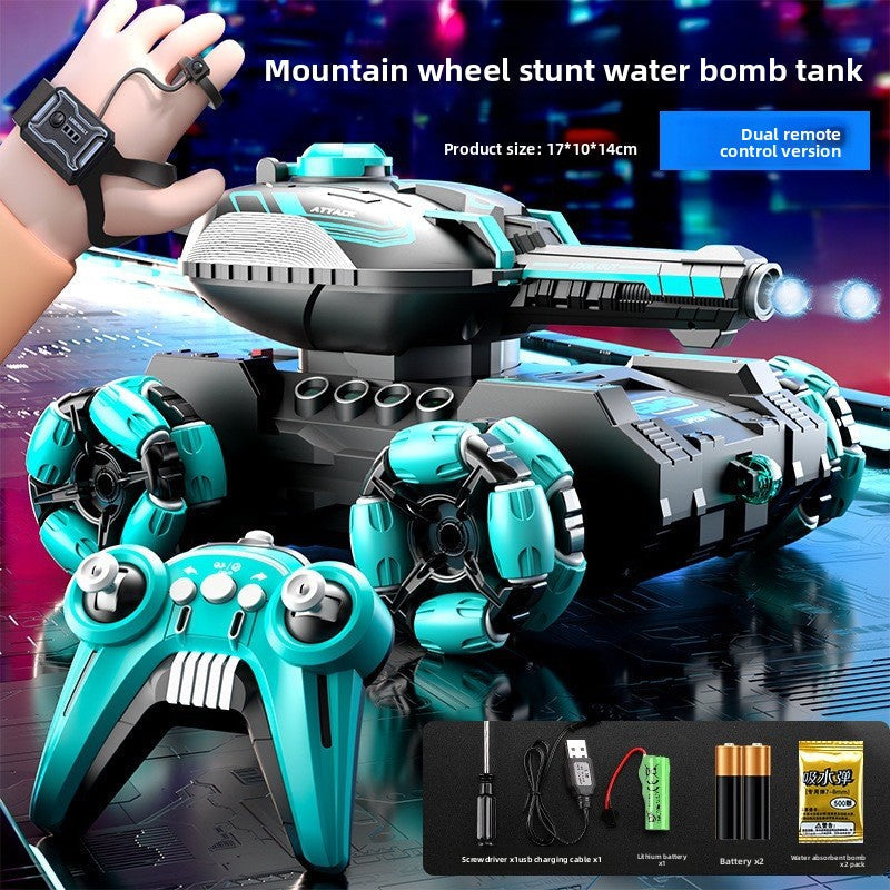 Remote Control Water Bomb Tank Toy in black and turquoise plastic with a futuristic turret, stunt wheels, and matching controller