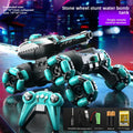 Remote Control Water Bomb Tank Toy in black and turquoise plastic with a turret cannon, stunt wheels, and matching controller