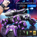 Remote Control Water Bomb Tank Toy with black plastic armor, purple wheel details, long water launcher and matching controller