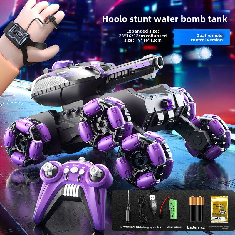 Remote Control Water Bomb Tank Toy with black plastic armor, purple wheel details, long water launcher and matching controller