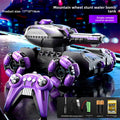 Remote Control Water Bomb Tank Toy in black, silver and purple plastic, with oversized multi-directional wheels and matching controller