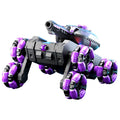 Remote Control Water Bomb Tank Toy, a black and gray robotic tank with bright purple segmented wheels and a raised cannon