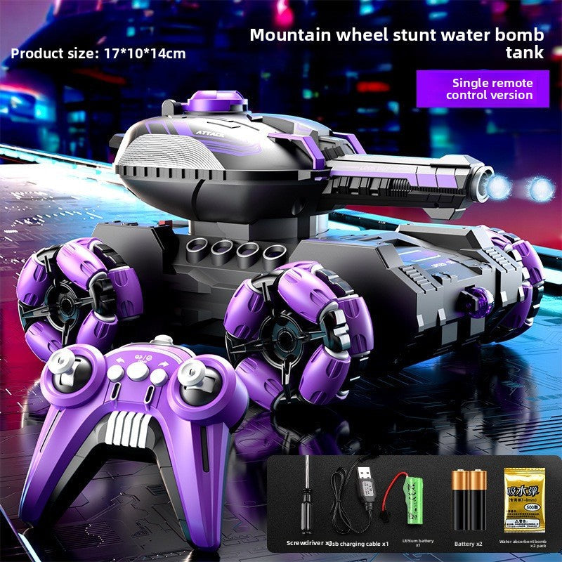 Remote Control Water Bomb Tank Toy with a black and silver body, purple accents, oversized stunt wheels, and matching controller
