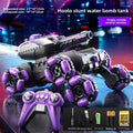 Remote Control Water Bomb Tank Toy with a black and silver body, purple accents, articulated wheels and matching controller
