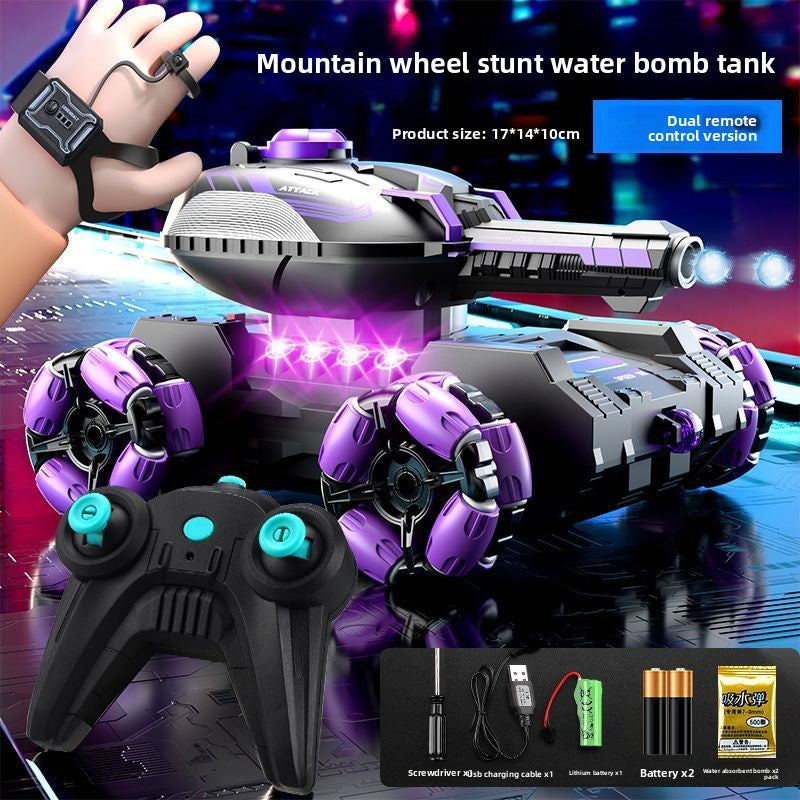 Remote Control Water Bomb Tank Toy in black and silver plastic with purple wheels, dual remotes and a top-mounted water launcher