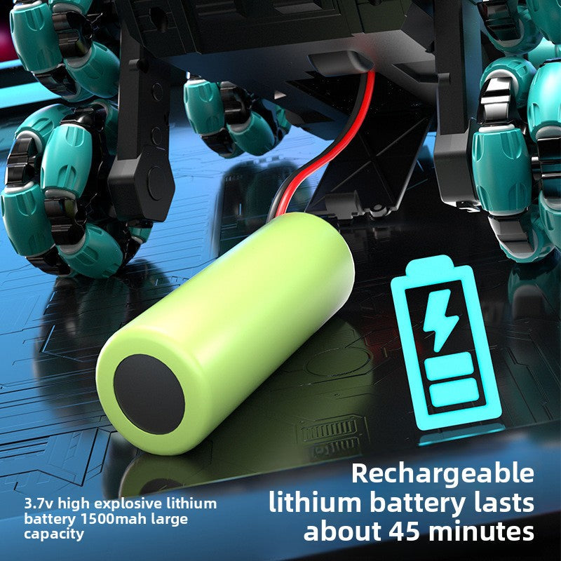 Remote Control Water Bomb Tank Toy rechargeable lithium battery, a lime green cylindrical pack with red and black wires