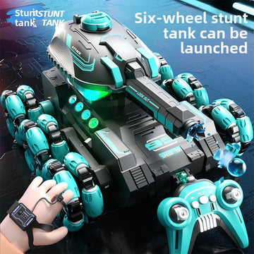 Remote Control Water Bomb Tank Toy in black and turquoise plastic, with six wheels, a long launcher and matching controller.