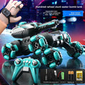 Remote Control Water Bomb Tank Toy in black and turquoise plastic with oversized wheels, top-mounted water cannon, wrist remote and handheld controller