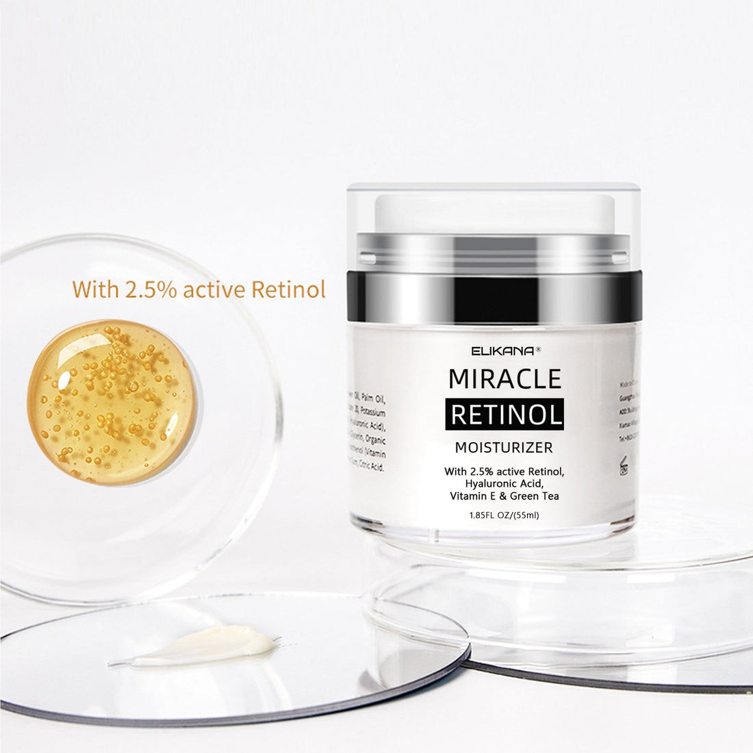 Retinol Vitamin E Anti-Wrinkle moisturizer cream in a clear jar with a silver lid and black band, labeled with retinol details.
