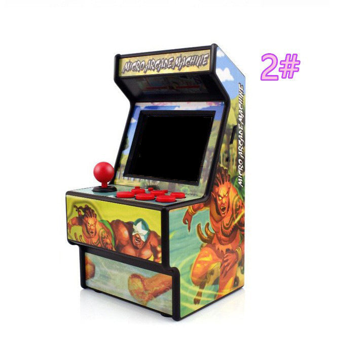 Retro Handheld Game Console in colorful arcade cabinet design with fantasy artwork, red joystick and red buttons