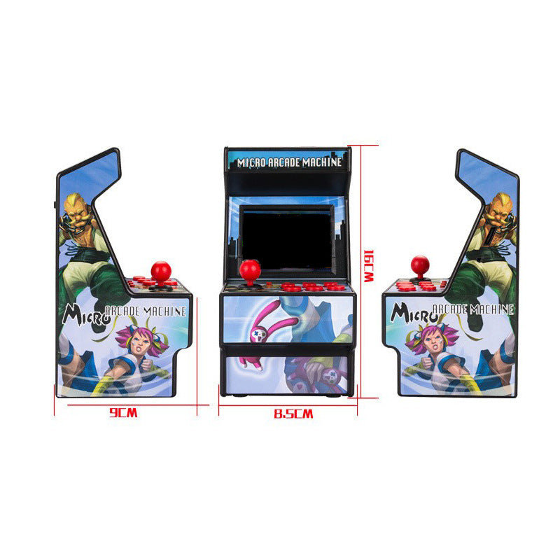 Retro Handheld Game Console with a black mini arcade cabinet, red joystick and buttons, and colorful character graphics.