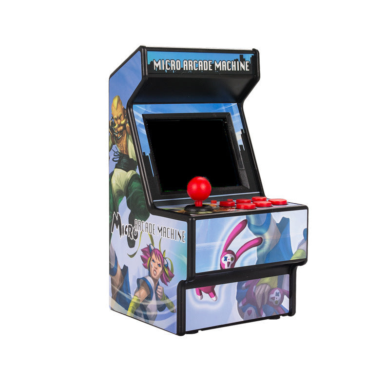 Retro Handheld Game Console in colorful printed arcade-cabinet designs, with a black screen, red joystick and buttons.