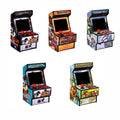 Retro Handheld Game Console in colorful printed arcade-cabinet designs, with a black screen, red joystick and buttons.