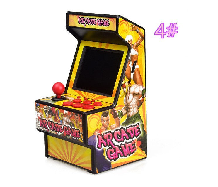 Retro Handheld Game Console styled as a miniature arcade cabinet, with yellow and black casing, colorful game art, joystick and red buttons