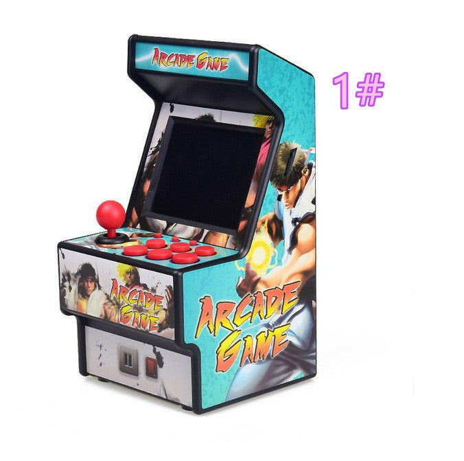 Retro Handheld Game Console arcade cabinet in turquoise with colorful fighting-game artwork, red joystick and buttons