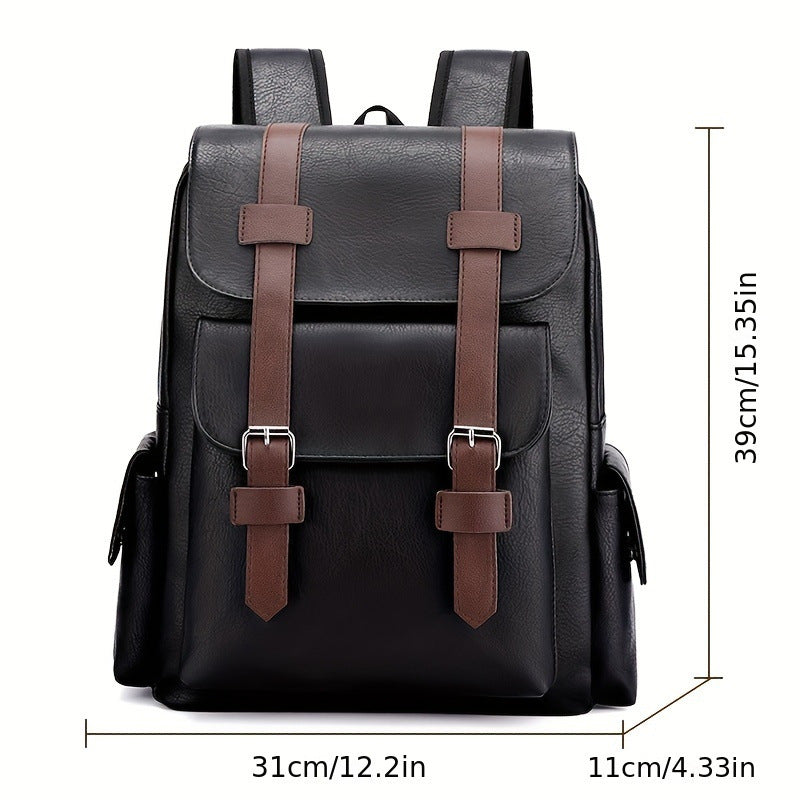 Retro travel large-capacity backpack in brown textured PU leather, with buckle straps, front flap pocket and side pockets.