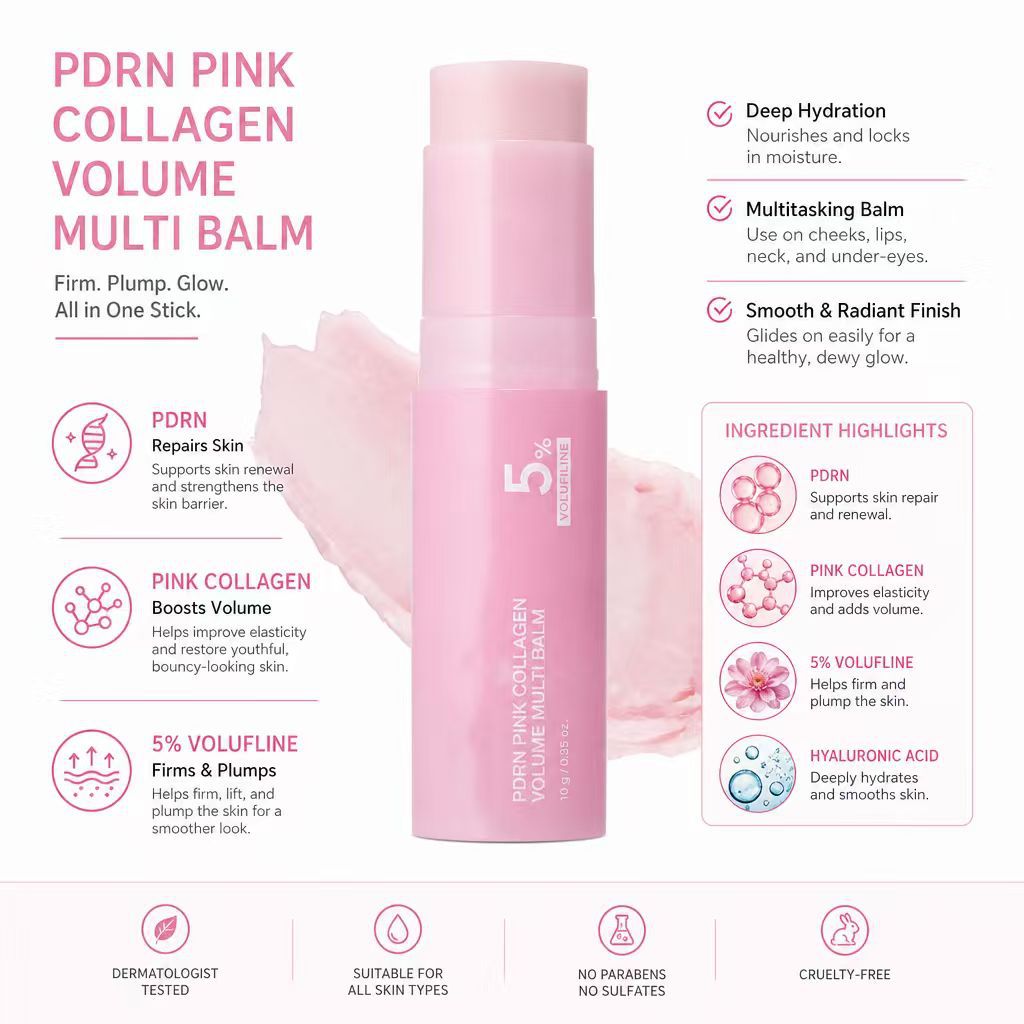 Ritual Collagen Infused beauty stick in a matte pink twist-up tube, labeled PDRN Pink Collagen and volume 5%.