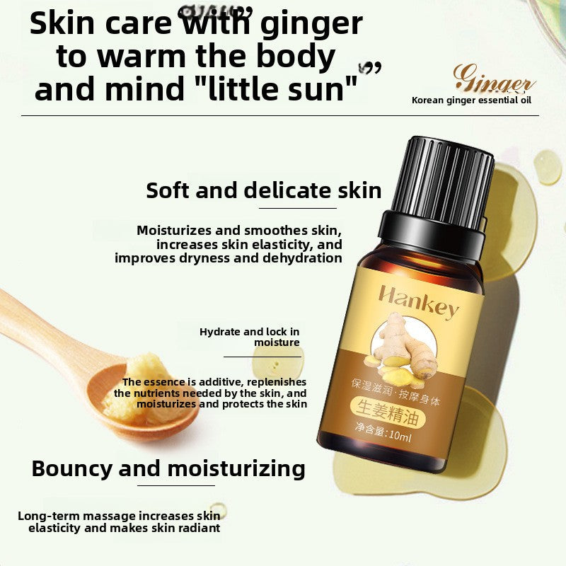 Rose Ginger Mugwort Massage Essential Oil in a small amber bottle with a black cap and yellow ginger label