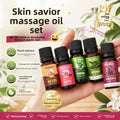 Essential oil set with amber glass bottles, black caps and colorful botanical labels, featuring Rose Ginger Mugwort Massage Essential Oil
