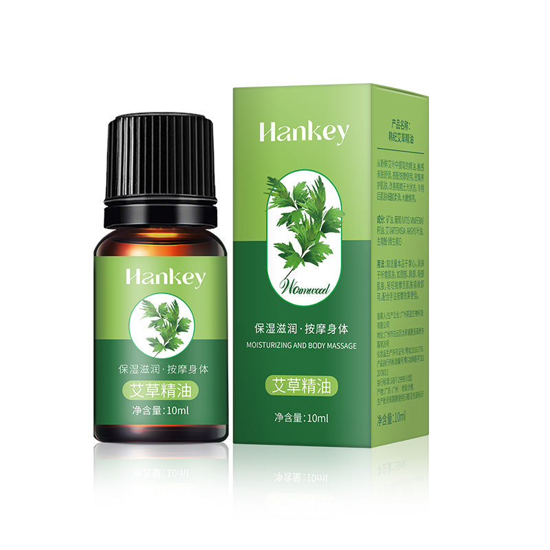 Rose Ginger Mugwort Massage Essential Oil in a green 10 ml bottle and matching box, with botanical leaf graphics.