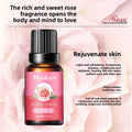 Rose Ginger Mugwort Massage Essential Oil in a small glass bottle with a pink rose label and black ribbed cap