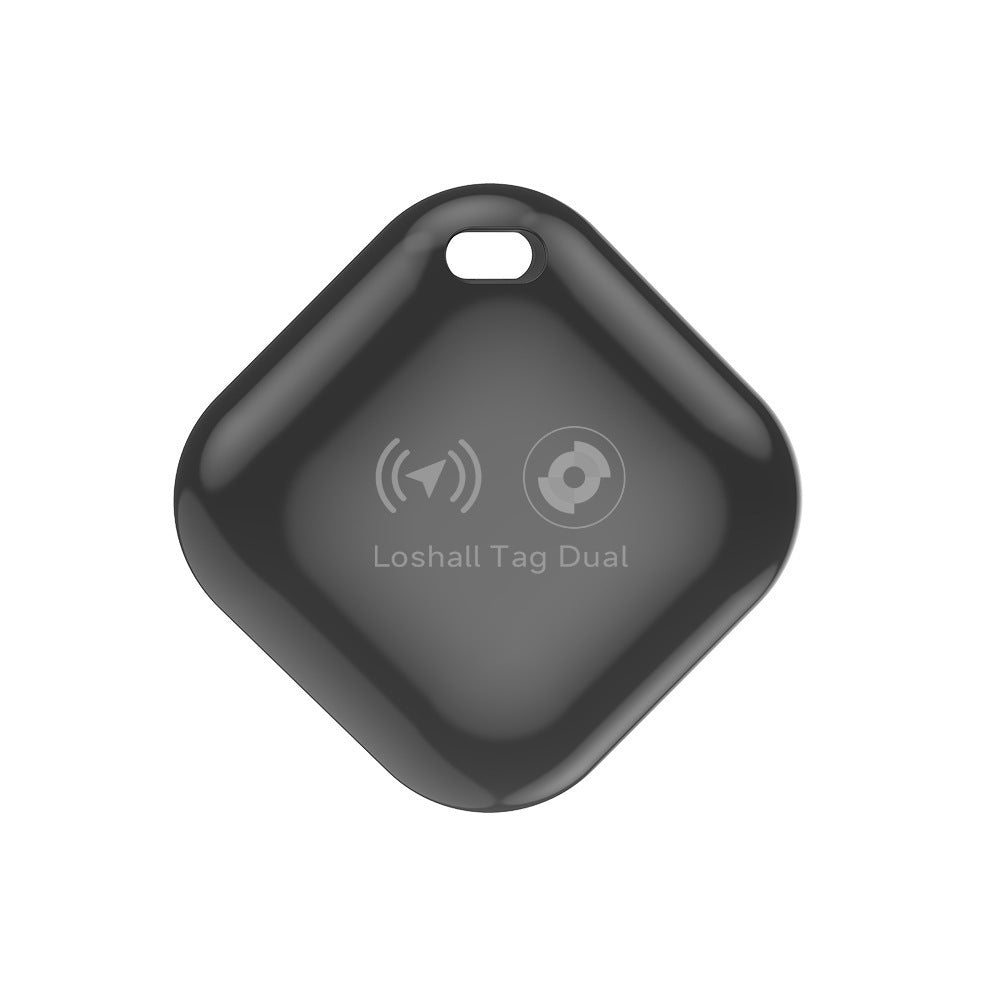 Round Anti-Lost Bluetooth Tracker in black and white, with smooth rounded-square cases, attachment holes and front buttons.
