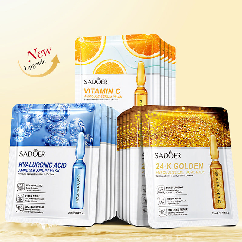 SADOER Ampoule Essence Mask packets with white packaging in blue, orange and gold variants, featuring ampoule graphics and text.