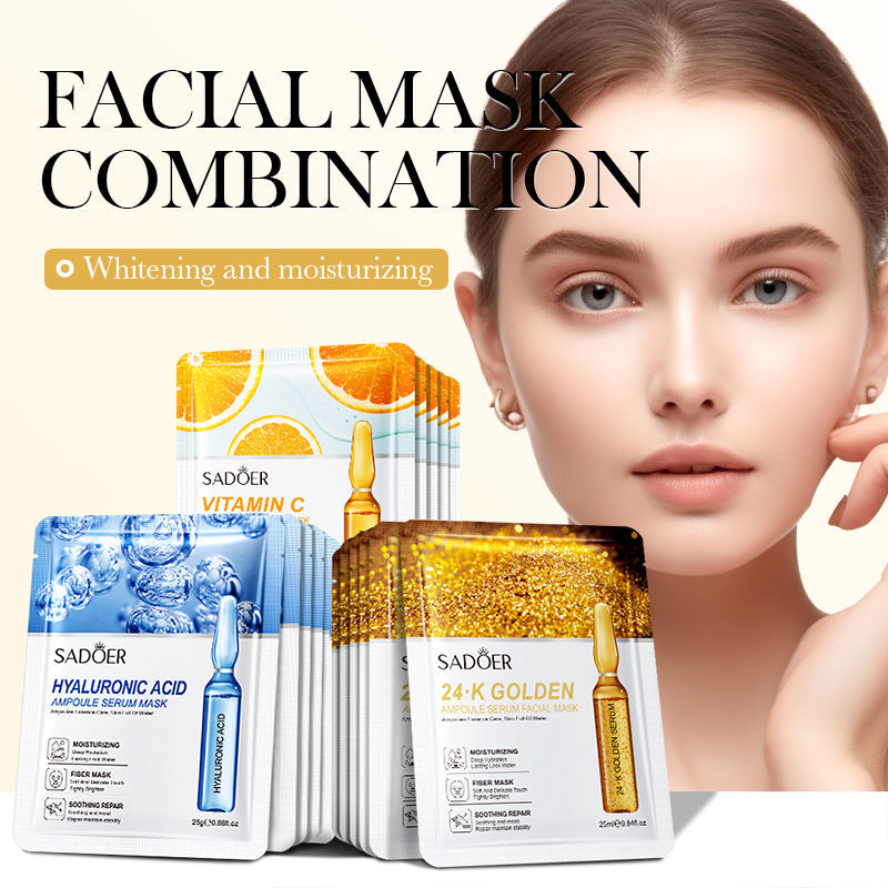 SADOER Ampoule Essence Mask packets with white packaging in blue, orange and gold variants, featuring ampoule graphics and text.