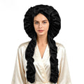 Satin Long Hair Sleeping Bonnet Cap in black glossy satin, with a ruffled dome and long gathered side panels