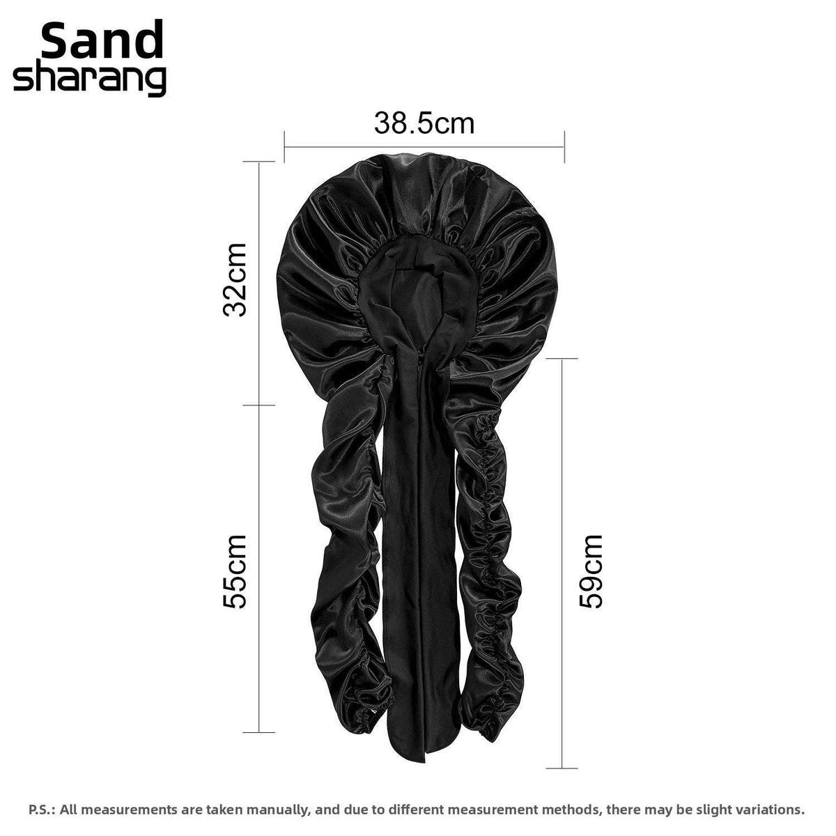 Satin Long Hair Sleeping Bonnet Cap in glossy black satin, with a gathered dome and extra-long ruched side panels