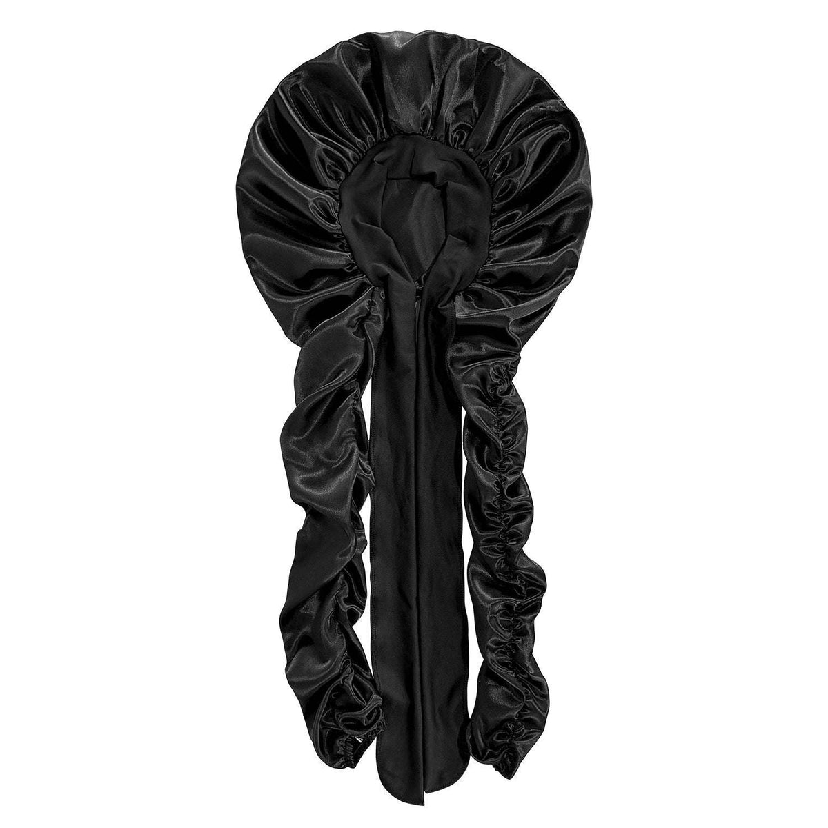 Satin Long Hair Sleeping Bonnet Cap in black satin with a gathered dome and long ruched sides for hair coverage