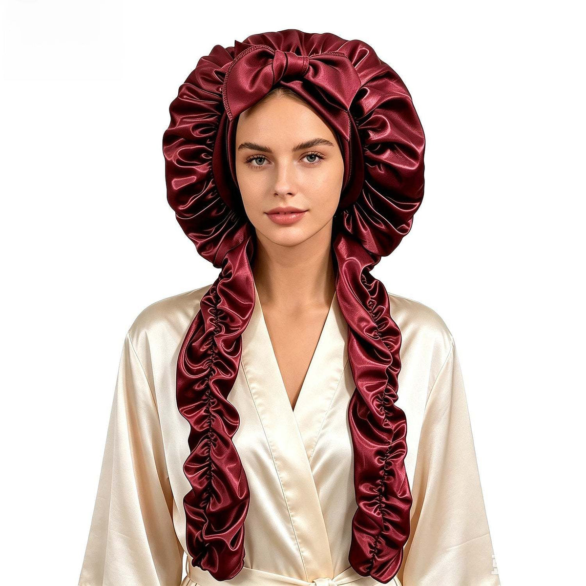 Satin Long Hair Sleeping Bonnet Cap in glossy burgundy satin with a ruffled edge, bow detail, and long protective panels