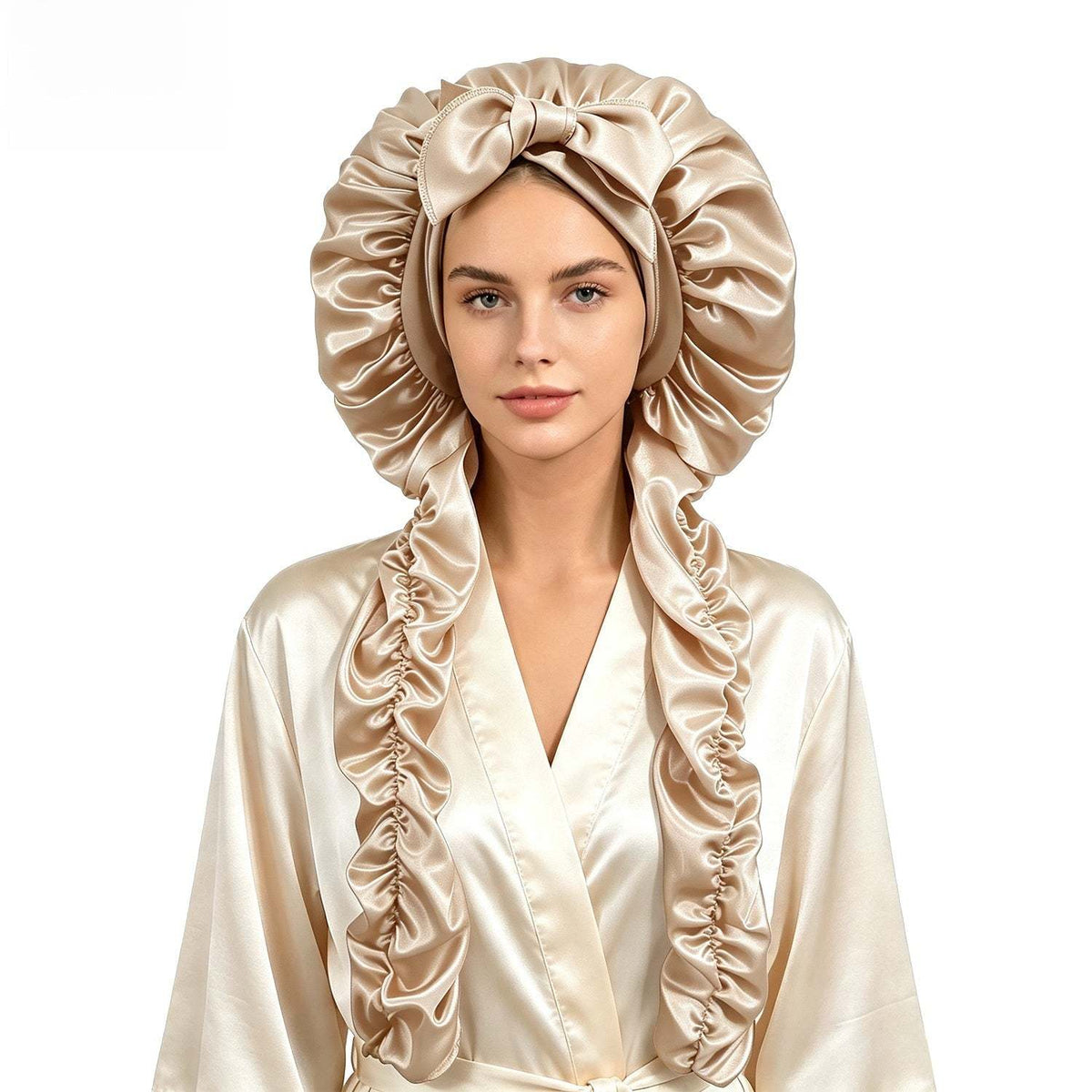 Satin Long Hair Sleeping Bonnet Cap in champagne satin, with a voluminous ruffled edge and decorative bow