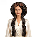 Satin Long Hair Sleeping Bonnet Cap in glossy dark brown satin, with a gathered dome and long hair-covering sides