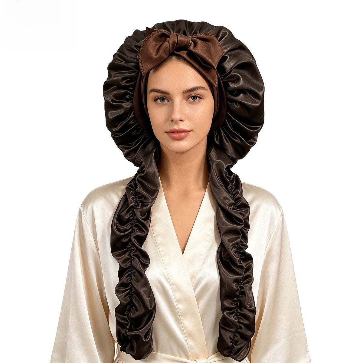 Satin Long Hair Sleeping Bonnet Cap in glossy dark brown satin, with a gathered dome and long hair-covering sides