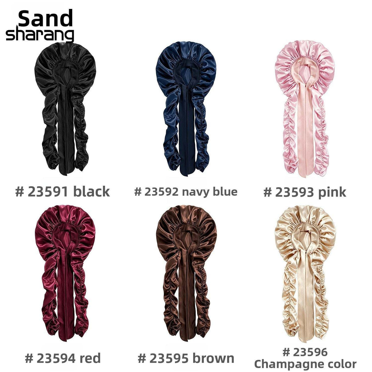Satin Long Hair Sleeping Bonnet Cap in black, navy, pink, red, brown and champagne satin, with gathered dome crowns and long gathered sides