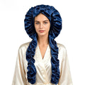 Satin Long Hair Sleeping Bonnet Cap in navy blue satin, with a ruffled full-coverage design and oversized bow